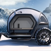 The conceptual camper shows off the technologies of automotive design, automotive tire, automotive wheel system, car, motor vehicle, rim, tire, travel trailer, vehicle, wheel, gray