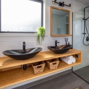 Bamboo open vanity with shelving. - Consider bamboo 