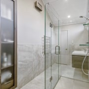 Practical and decorative, the wall-hung translucent glass and architecture, bathroom, building, door, floor, glass, house, interior design, plumbing fixture, property, real estate, room, shower, shower door, tile, gray