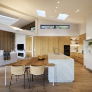 Interior detailing, including a cedar-lined feature wall concealing 