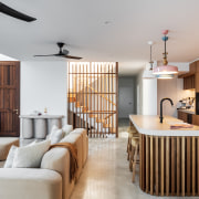 Quirky pendants over the kitchen island contrast and 