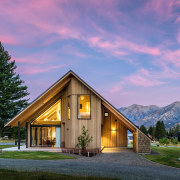 The post and beam structure features large timber 