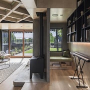 Expansive living space with open display shelving and 