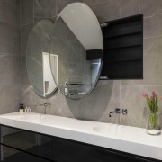 These large mirrors add a refined elegance, yet architecture, bathroom, countertop, floor, flooring, house, interior design, marble, material property, plumbing fixture, property, room, sink, tap, tile, gray, black