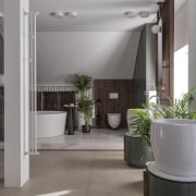 Shower, bathing area, toilet, vanities, basins and taps architecture, bathroom, building, ceiling, floor, flooring, flowerpot, house, houseplant, interior design, lobby, property, real estate, room, tile, gray