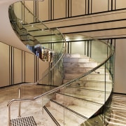 Doubletree Hilton 1 - architecture | baluster | architecture, baluster, building, ceiling, daylighting, glass, handrail, interior design, iron, material property, metal, stairs, orange, brown