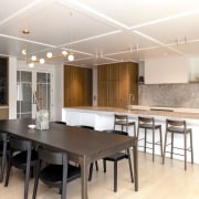 Kitchen and dining under a classic panel ceiling. 