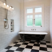 The shower had to all but disappear in bathroom, floor, flooring, home, interior design, plumbing fixture, room, sink, tile, wall, gray