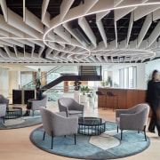 The mid-level of Suncorp’s consolidated new five-level premises architecture, ceiling, daylighting, furniture, interior design, lobby, gray