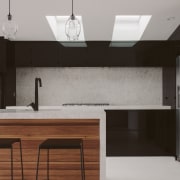 Timber elements were introduced to create a natural architecture, cabinetry, ceiling, countertop, floor, furniture, interior design, kitchen, light fixture, sink, table, tap, wall, gray