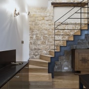 Staircase leading to the rooms in raw metal architecture, building, ceiling, floor, flooring, furniture, glass, handrail, hardwood, home, house, interior design, lobby, material property, property, room, stairs, tile, wall, wood, wood flooring, gray, black