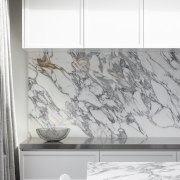 The dark veining in the marble connects with 