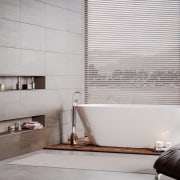 4 Clever Ways to Curate a Luxury Bathroom bathroom, beige, building, ceiling, ceramic, floor, flooring, furniture, home, house, interior design, material property, plumbing fixture, room, tile, wall, gray