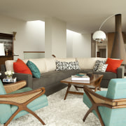 The living area replete with '50s styled elements. 