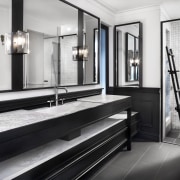 Classic detailing dovetails with modern design in this bathroom, black and white, tiled floor, flooring, bathroom design, Leon house, Dulux