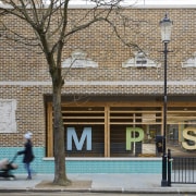 Welcoming playground gates form the main points of architecture, building, facade, residential area, window, gray, brown