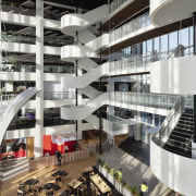 For the new Vodafone InnoV8 building, timber was architecture, building, condominium, corporate headquarters, headquarters, interior design, lobby, metropolis, metropolitan area, mixed use, black, white