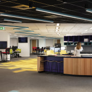 Changes in ceiling treatments denote a move to interior design, office, gray, black