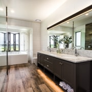 Wood-look ceramic floor tiles extend up the shower architecture, bathroom, bathroom cabinet, cabinetry, floor, flooring, tiles, basin, Peta Davy, Yellowfox