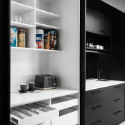 ​​​​​​​Storage was not a problem in this kitchen black, black-and-white, storeage, cabinetry, cupboard, monochrome, self, shelving, black, white, Impact Kitchens