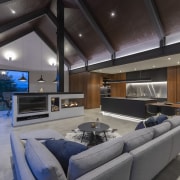 ​​​​​​​Having a lowered ceiling helps give this kitchen architecture, fireplace, gas fire, heating, ceiling, design, furniture, furnshings, home, nterior design, lighting, living room, Cube Dentro