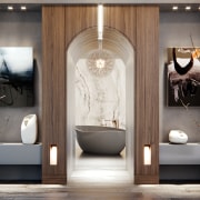 ​​​​​​​A sculptural slipper bath takes centre stage in bathroom, doorway, arch, floor, flooring, tile, gray, freestanding bath, wood veneer, kohler