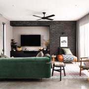 ​​​​​​​A feature cast-in-situ concrete wall with all imperfections architecture, coffee table, comfort, couch, design, floor, flooring, furniture, green, home, house, interior design, living room, passive heating, concrete wall, polished concrete floor, Dalecki Design