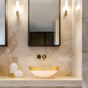 ​​​​​​​Custom steel-framed mirror wall cabinets provide additional storage architecture, bathroom, bathroom accessory, bathroom cabinet, bathroom sink, floor, interior design, marble, plumbing fixture, Davinia Sutton, mirror, wall cabinets