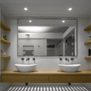 ​​​​​​​This bathroom design reflects the new home’s classic-Hamptons-with-a-twist architecture, bathroom, bathroom accessory, bathroom cabinet, bathtub, home, house, interior design, plumbing fixture, double sinks, french oak vHither Consultinganity, 