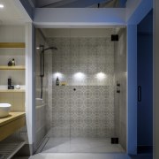 Shower stalls are just a practical element to architecture, bathroom, pattern tiling, black fittings, glass door, contemporary, Hither Design