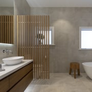 ​​​​​​​A slatted dividing wall brings privacy for the gray