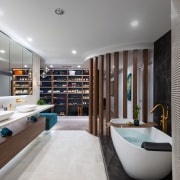 A master class in bringing light and life architecture, bathroom, bathtub, building, ceiling, floor, furniture, home, house, interior design, plumbing fixture, property, real estate, room, sink, tap, tile, gray