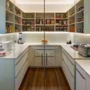 ​​​​​​​Too good to conceal! This well-appointed scullery forms architecture, building, cabinetry, ceiling, countertop, cupboard, floor, flooring, furniture, home, house, interior design, kitchen, material property, property, real estate, room, shelf, gray, brown