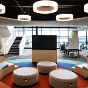 Well-rounded – the IAG Hub at No 1. architecture, building, ceiling fixture, design, floor, furniture, interior design, lamp, light fixture, lighting, lobby, office, IAG,  No 1 Sylvia Park