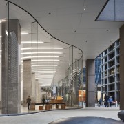 The new sinuous curving storefront on the CME architecture, building, commercial building, corporate headquarters, glass, headquarters, interior design, lobby, mixed-use, gray, Krueck and Sexton, CME Centre