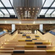 The grandstand stair in the Mercury offices fit-out Mercury, Warren and Mahoney,  architecture, building, interior design, lighting, lobby, stairs, wood, brown