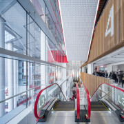 Light-studded ceilings add to the ambience in the architecture, building, escalator, facade, interior design, metropolitan area, shopping mall, gray