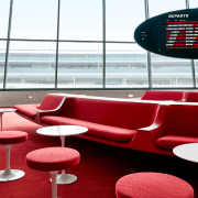 The Sunken Lounge at the TWA Hotel features architecture, Sunken Lounge, TWA Hotel, Chilli Pepper Red Carpet, penny tile