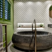 The choice of green worked well with the architecture, bathroom, flooring, green, interior design, plumbing fixture, room, tile, water feature, gray