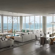 This penthouse elegantly tackles what is arguably the apartment, architecture, building, ceiling, coffee table, couch, daylighting, door, floor, flooring, furniture, home, house, interior design, living room, penthouse apartment, property, real estate, room, table, wall, window, gray