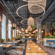 The sun-drenched indoor pizza garden is just one architecture, brunch, building, ceiling, chandelier, design, furniture, interior design, lighting, lobby, restaurant, table, black