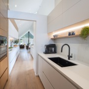 Strip lighting provides subtle illumination while highlighting the 