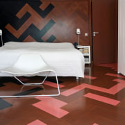 Technicolour parquet flooring makes a dramatic impact in architecture, bed, bed sheet, bedroom, building, design, floor, flooring, furniture, hardwood, house, interior design, laminate flooring, material property, room, tile, wall, wood, wood flooring, red