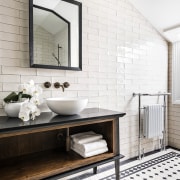 The wood, metal and granite vanity, with benchtop white