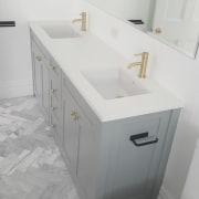 Screen Shot 2018 07 05 At 8 37 bathroom, bathroom accessory, bathroom cabinet, bathroom sink, drawer, floor, plumbing fixture, tap, tile, gray, white, 5 Star Bathroom,  Gold shower fitting,  gold taps