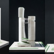 Body A, a 150 M residential tower, is cylinder, graduated cylinder, skyscraper, black