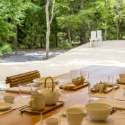 Shishi-iwa Grandroom – view of garden. - Shishi-iwa chair, furniture, home, interior design, picnic table, property, room, table, tree, yellow, brown