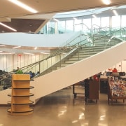 Suffolk County Community College 4 - architecture | architecture, building, glass, handrail, interior design, lobby, shopping mall, stairs, brown, orange