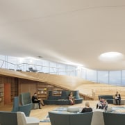 The library building is extremely energy efficient, with architecture, building, ceiling, daylighting, design, floor, flooring, furniture, home, house, interior design, living room, real estate, roof, room, shade, table, gray