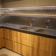 Trend 1 Mixed Materials - cabinetry | countertop cabinetry, countertop, floor, flooring, glass, interior design, kitchen, lighting, sink, tile, under cabinet lighting, wood, brown